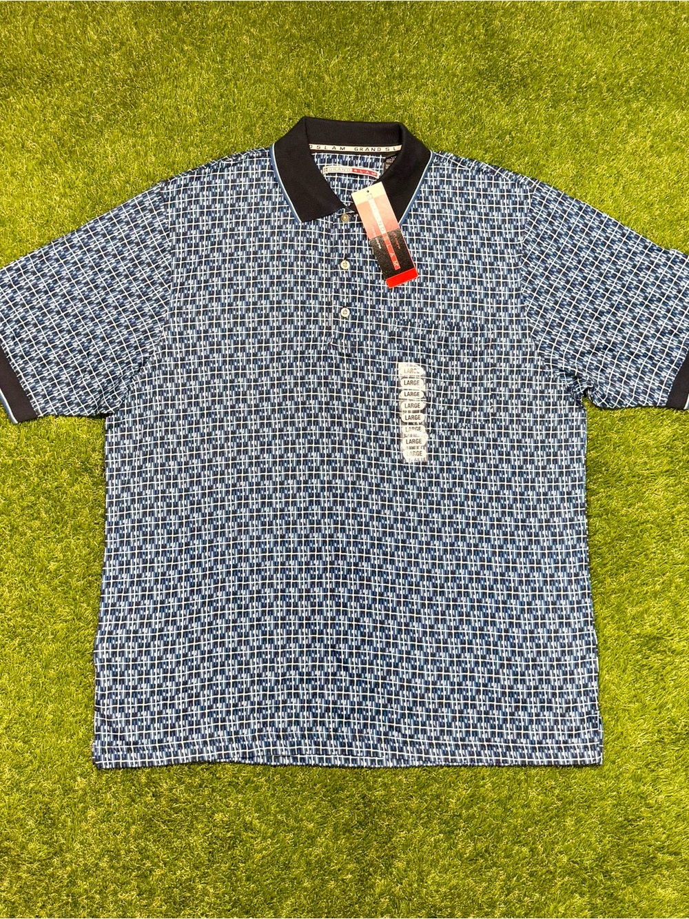 Grand Slam Geometric Polo Golf Shirt Men’s Size Large Blue White NWT
